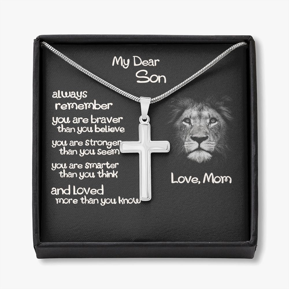 To My Son Cross Necklace Gift From Mom, Son Lion Necklace, Birthday Gifts Cross Necklace For Son, Cross Pendant Gift From Mom, Son Jewelry Gift For Mens Artisan Crafted Cross Necklace Gift To Son Personalized Cross Necklace