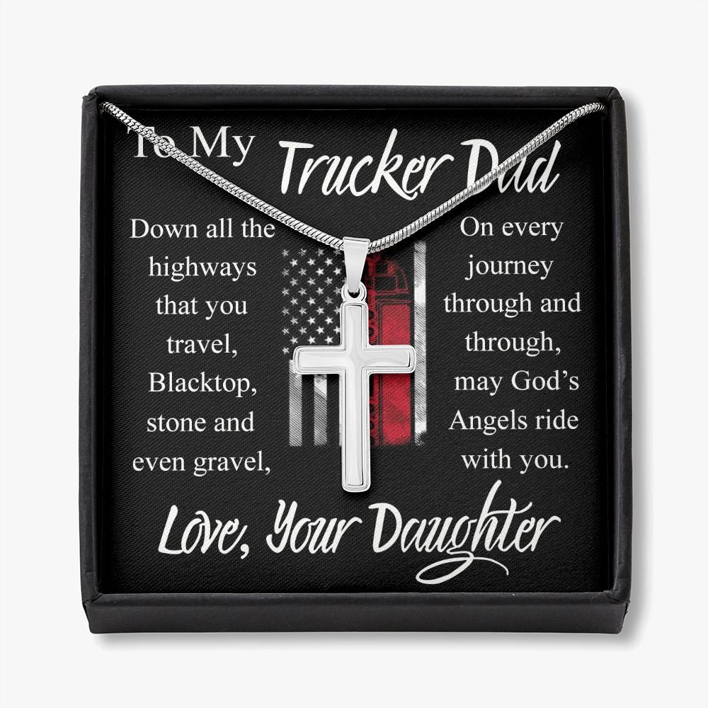Jewelry For Mens - Jewelry Custom Card, To My Truckin Dad Cross Necklace, I Love You Dad, Truck Driver Dad Necklace Gift, Stainless Steel Cross Jewelry Gift, Christmas Thankgiving Gift Ideas Personalized Cross Necklace