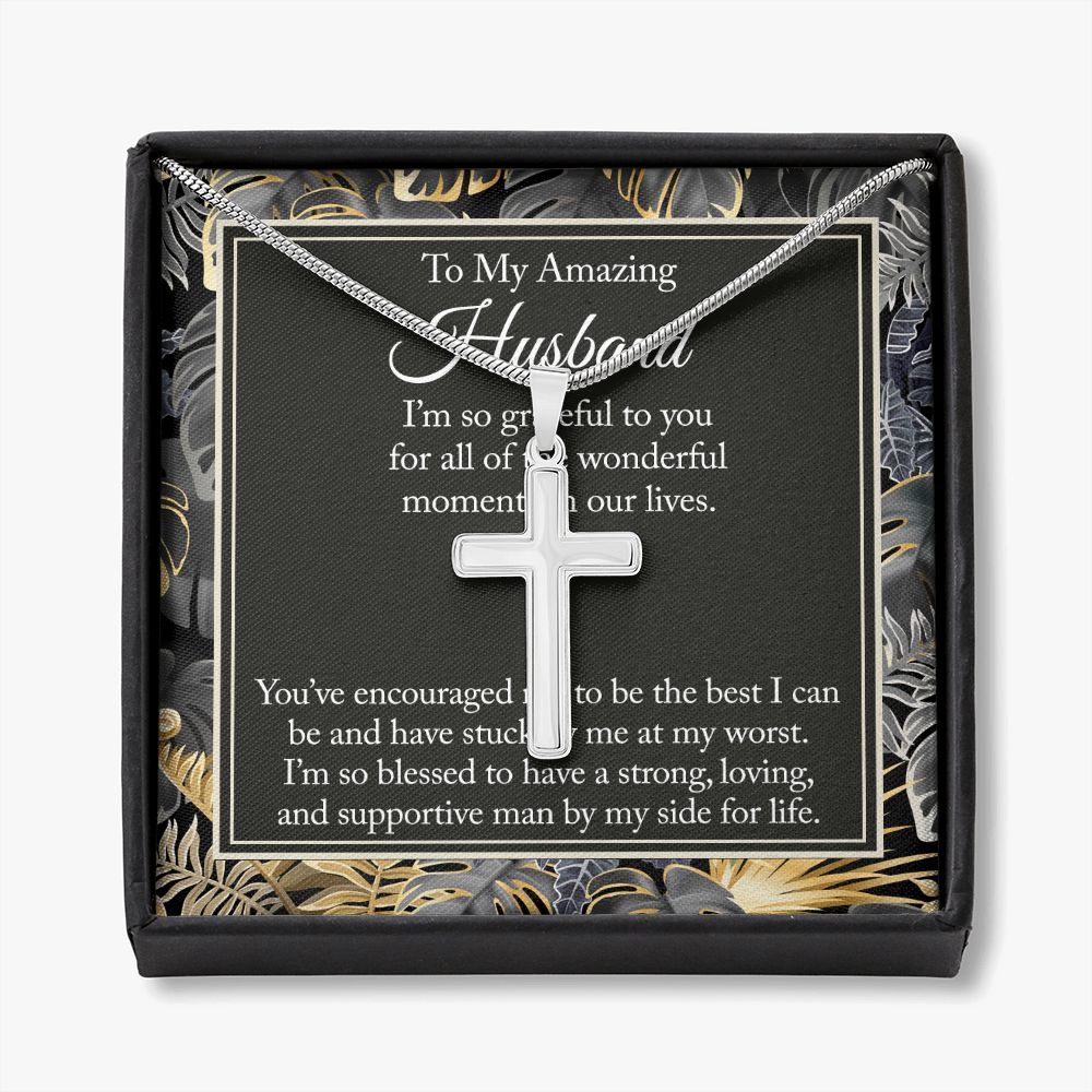 Husband Gift From Wife - Gifts For Husband - Cuban Link Chain - Chain Necklace To My Amazing Husband Jewelry For Men Stainless Artisan Crafted Cross Necklace with Message Card Luxury Box Personalized Cross Necklace