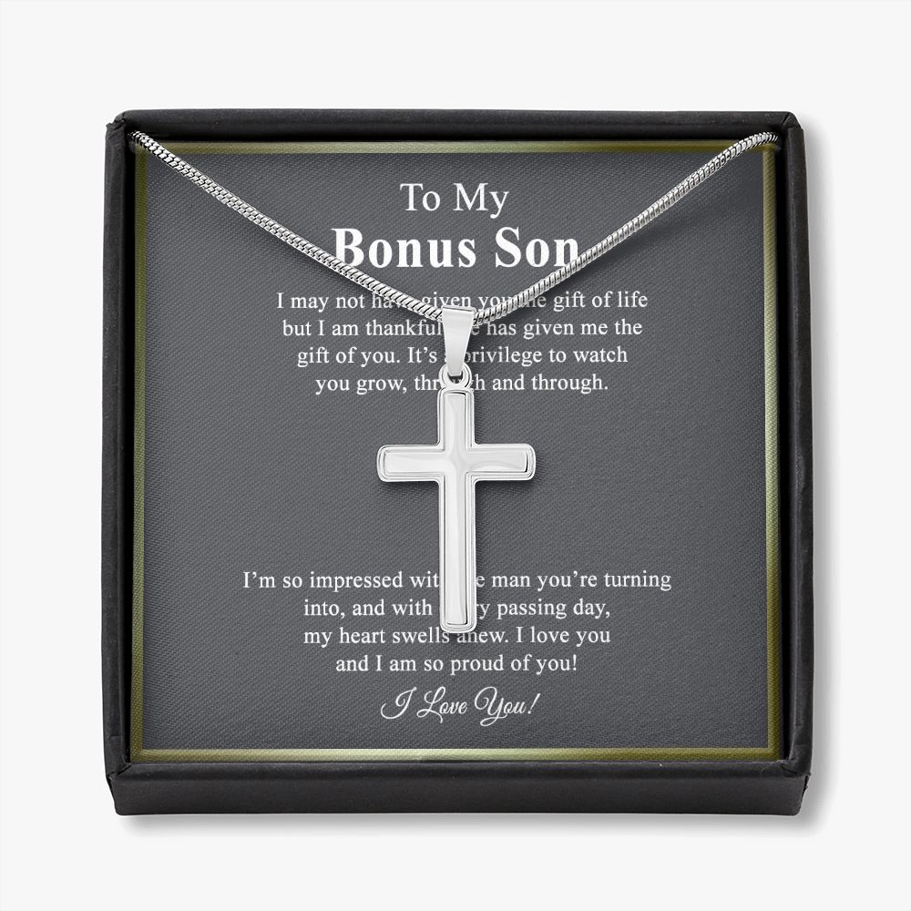 Jewelry For Mens - Bonus Son Necklace Gift, to My Bonus Son Jewelry from Mom, Lion Necklace Pendant, Step Son Gift, for Bonus Son, Adopted Son Gift Necklace, Stepchild Gifts 14K Cross1 Personalized Cross Necklace