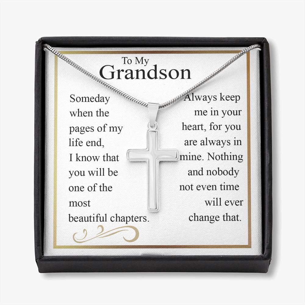 To My Grandson Artisan Cross Necklace Gift For Grandson From Grandma, Birthday Gifts Jewelry For Men Stainless Artisan Crafted Cross Necklace with Message Card Luxury Box Personalized Cross Necklace