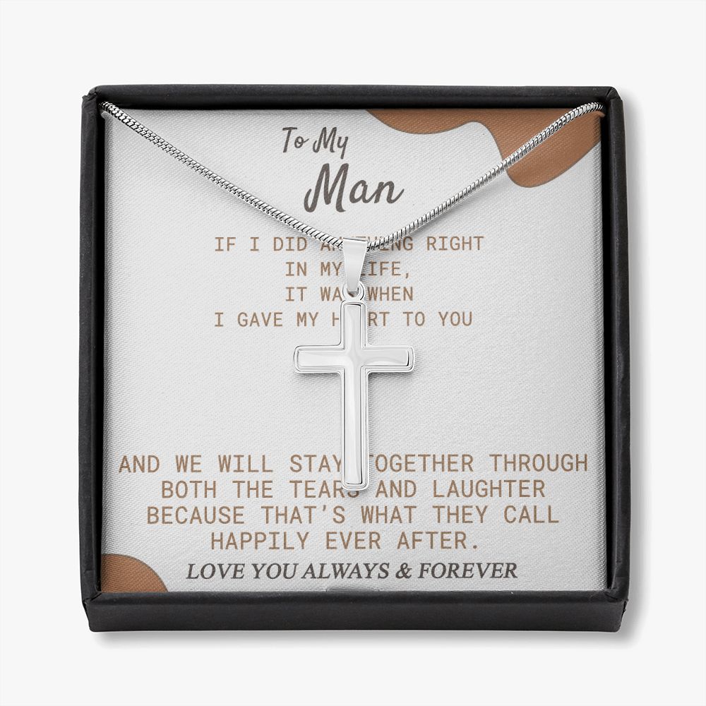 To My Man Necklace Christmas Gift For Boyfriend, Cuban Link Chain Necklace From Soulmate Wife Fiancee Jewelry For Men Stainless Artisan Crafted Cross Necklace with Message Card Luxury Box Personalized Cross Necklace