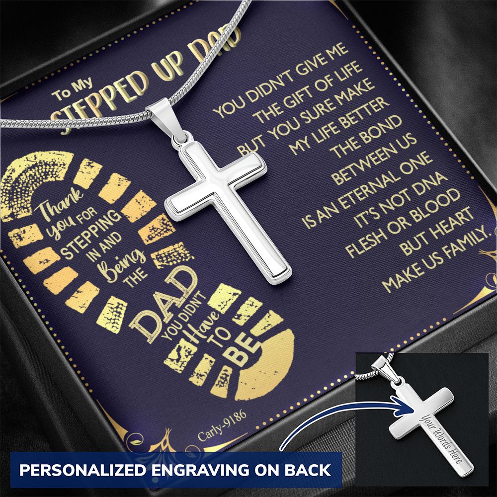 Gift to My Stepped Up Dad Necklace for Stepped Up Dad Stepfather, Thank You for Everything My Step Dad Fathers Day Cards, Father's Day Necklace, Gifts for Step Dads On Father S Day Personalized Cross Necklace