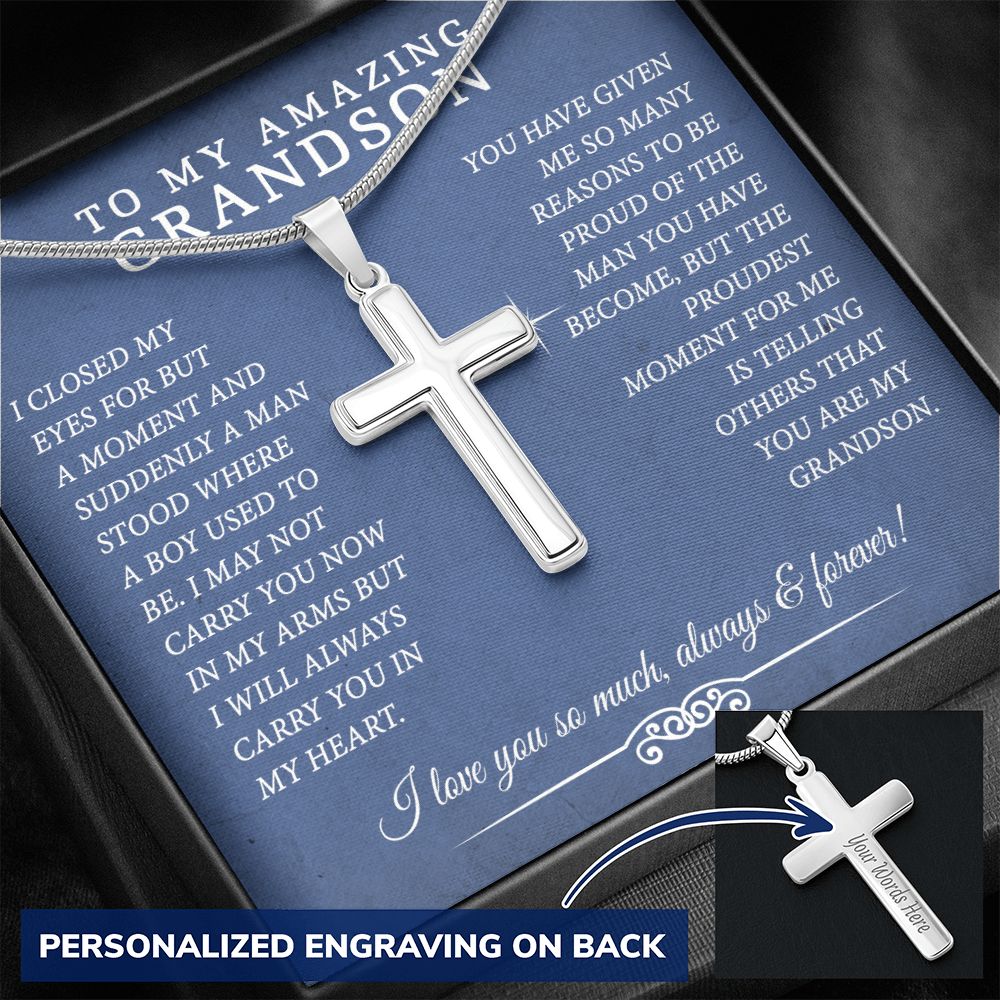 Grandson Gift, To My Grandson Necklace Gifts For Grandson From Grandmother Jewelry For Men Stainless Artisan Crafted Cross Necklace with Message Card Luxury Box Personalized Cross Necklace