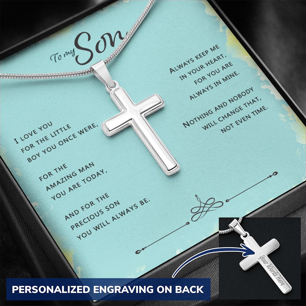 To My Son Cross Necklace Gift For Son From Dad And Mom, Mother To Son Jewelry For Men Stainless Artisan Crafted Cross Necklace with Message Card Luxury Box Personalized Cross Necklace