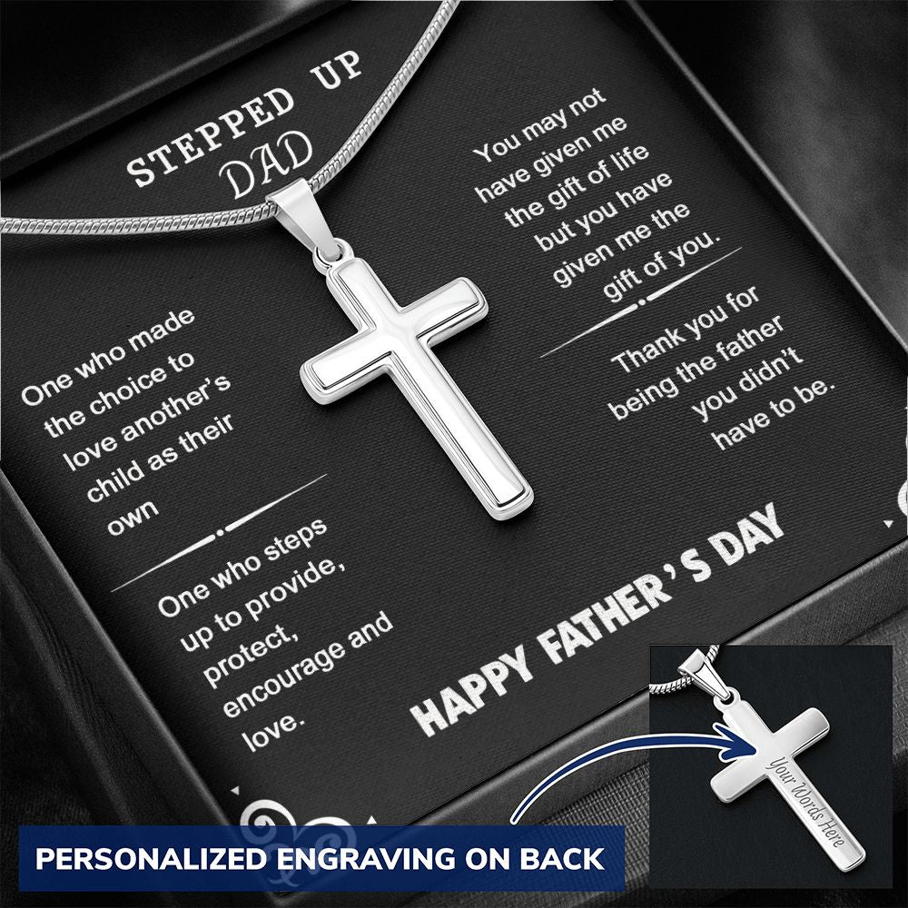Gift For Stepdad Father's Day Present Idea Stepfather Gifts Bonus Dad Birthday Anniversary From Son Jewelry For Men Stainless Artisan Crafted Cross Necklace with Message Card Luxury Box Personalized Cross Necklace