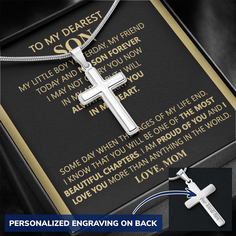 To My Derest Son Cross Necklace Gift for Derest Son Birthday, Graduation Gift Necklace For Son, Christmas Jewelry For Men, Stainless Artisan Crafted Cross Necklace Gift For Son with Message Card Personalized Cross Necklace