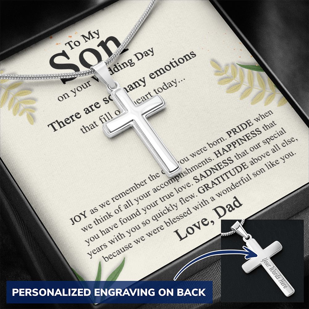 To My Son On His Wedding Day Cross Necklace from Dad, Gifts Cross Necklace for Son on Wedding Day from Dad, Father Gift Necklace To Son on Wedding Day, Necklace for Son, Jewelry Gift For Boys Men Personalized Cross Necklace