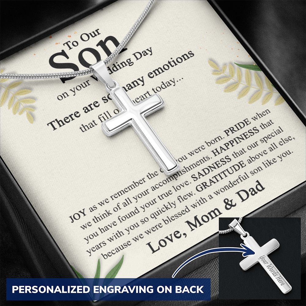 To Our Son on His Wedding Day Cross Necklace, Sentimental Wedding Gifts Cross Necklace from Parents, Son Getting Married, Wedding gift Cross Necklace for Son Wedding Day Gift for Son Jewelry for Men Personalized Cross Necklace  B0BWK96PHF