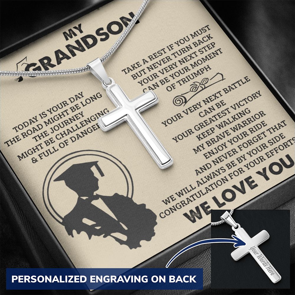 Grandson Birthday Gifts From Grandma Present For Grandson From Grandmother To My Grandson Necklace From Grandparents Cross Chain with Message Card and Gift Box Personalized Cross Necklace
