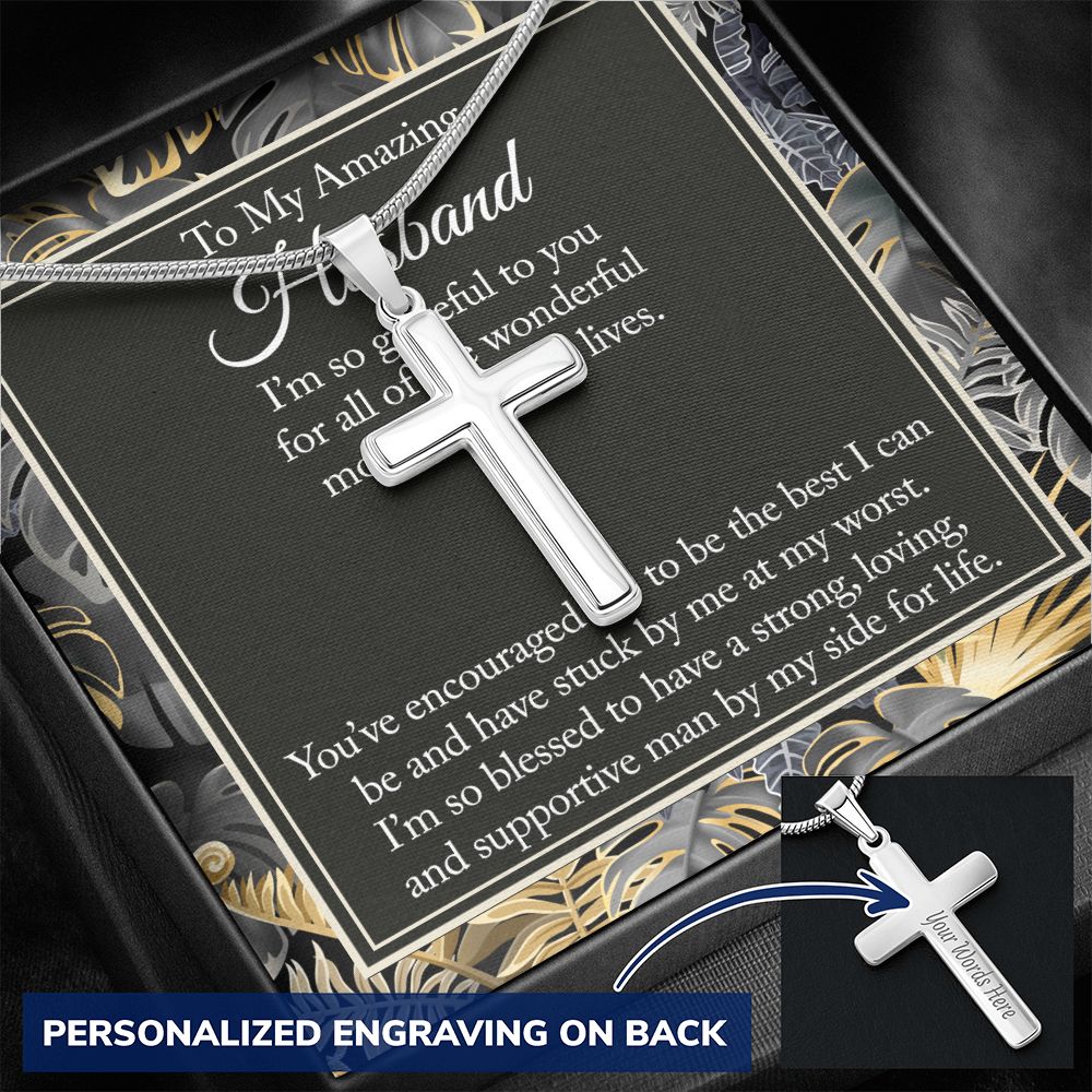 Husband Gift From Wife - Gifts For Husband - Cuban Link Chain - Chain Necklace To My Amazing Husband Jewelry For Men Stainless Artisan Crafted Cross Necklace with Message Card Luxury Box Personalized Cross Necklace