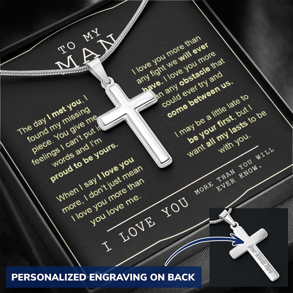 To My Man Cross Necklace Gift or Him, Cross Necklace Gift For Man, Husband From Wife Soulmate Jewelry For Men, Stainless Artisan Crafted Cross Necklace Gift For Man with Message Card Luxury Box Personalized Cross Necklace