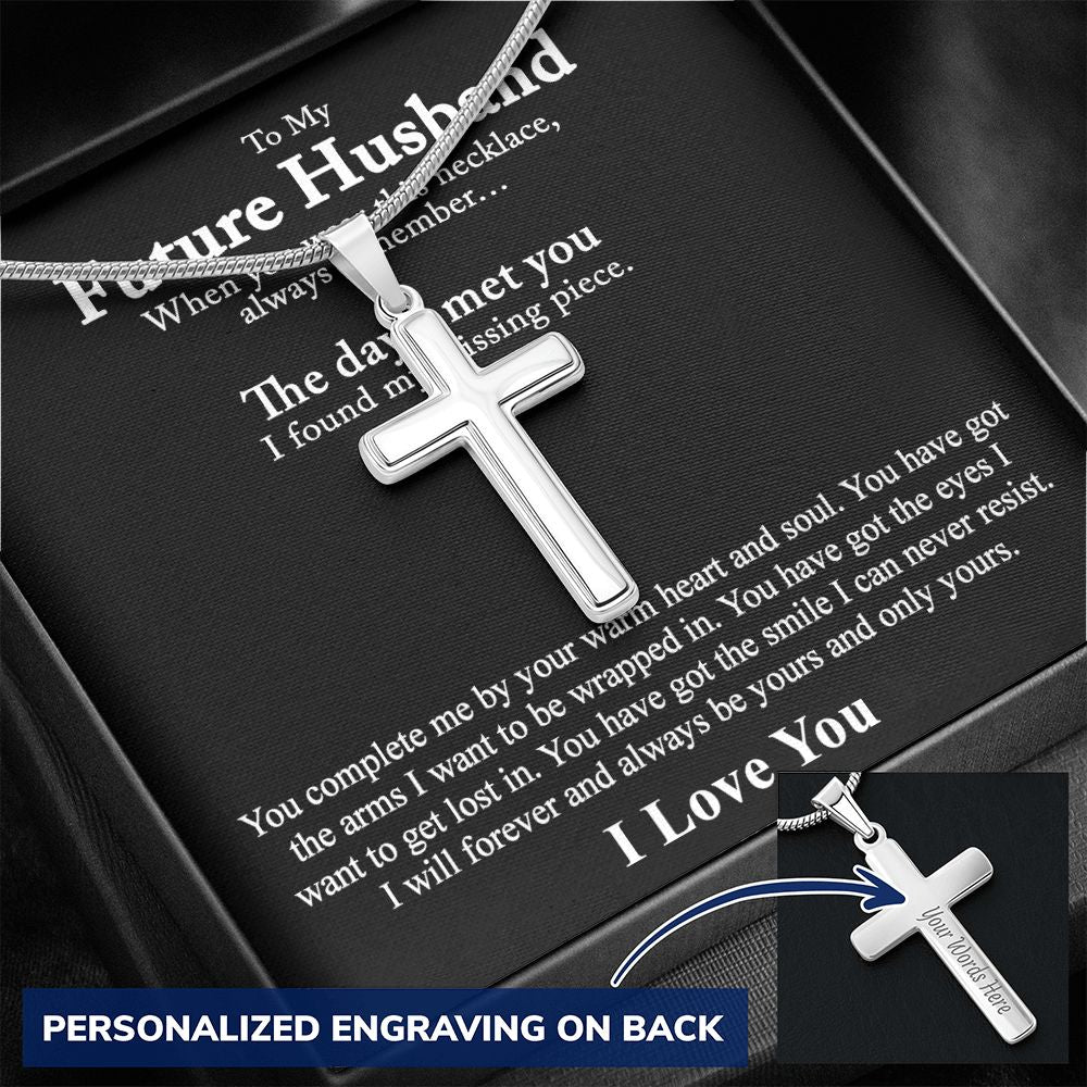 To My Future Husband Cuban Chain Necklace, Husband To Be From Wife Soulmate Fiancee for His Jewelry For Men Stainless Artisan Crafted Cross Necklace with Message Card Luxury Box Personalized Cross Necklace