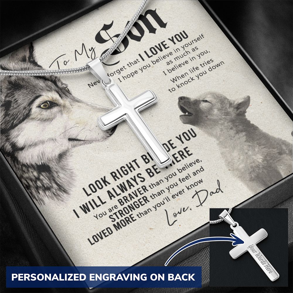 Wolf Father To Son Engraved Cross Necklace Gift For Son, To My Son Engraved Cross Necklace From Dad, Dady Meaningful Jewelry Gift For Men Artisan Engraved Cross Necklace Gift For Wolf Son Necklace Personalized Cross Necklace