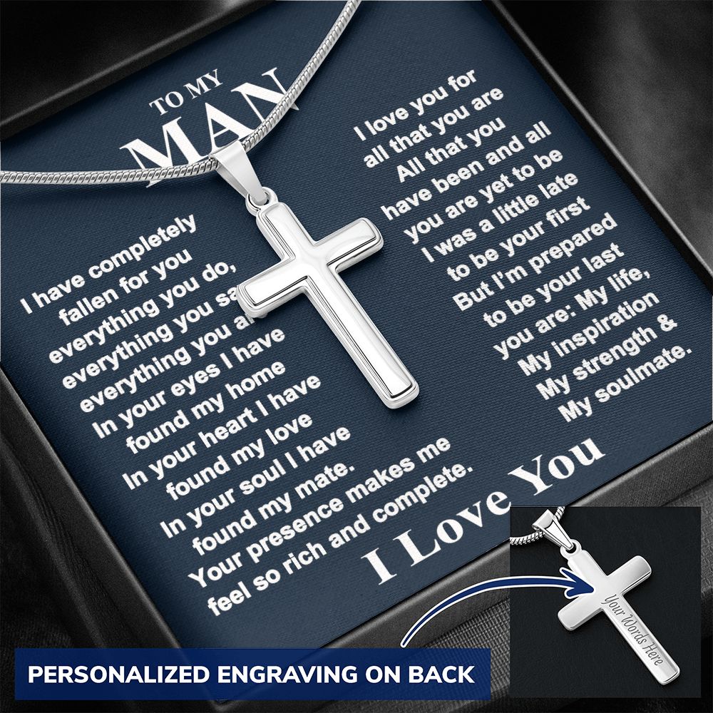 Jewelry For Mens - To My Man Personalized Engraved Cross Necklace Gift From Wife, Girlfriend, Fiancee Box With Card For Boyfriend, Anniversary Necklace, Valentine Day, Birthday Pendant Personalized Cross Necklace