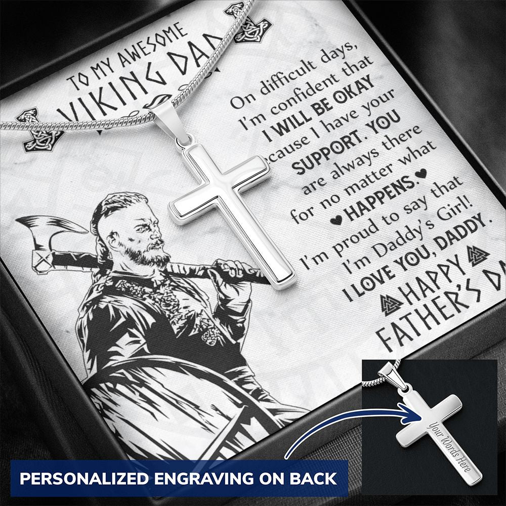 Jewelry For Mens - Jewelry Custom Card, To My Awesome Viking Dad Necklace From Daughter, Pendant Gift For I'm Dady's Girl, Happy Father's Day Necklace, Cross Necklace For Men, Viking Jewelry Personalized Cross Necklace