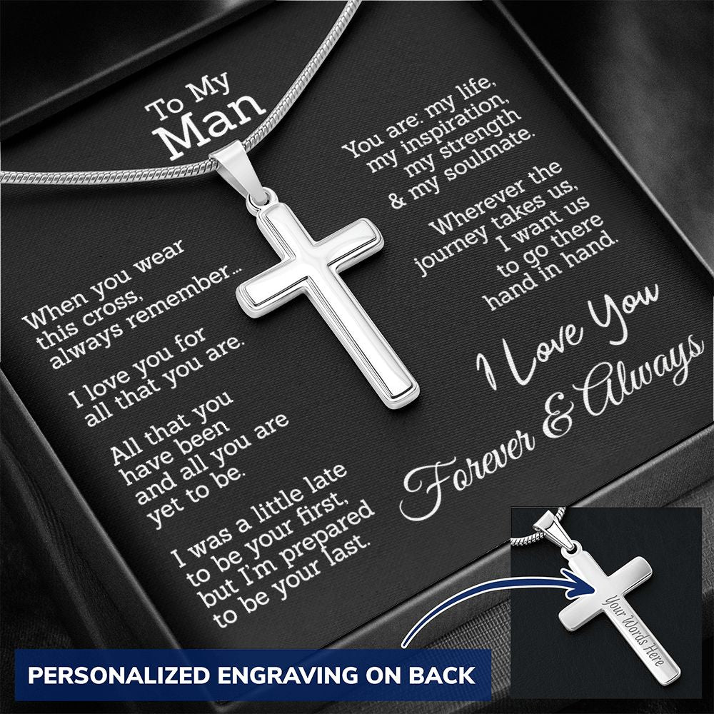 To My Man Cross Necklace Gift For Men From My Love Girlfriend Soulmate Wife Silver Gifts Jewelry For Men Stainless Artisan Crafted Cross Necklace with Message Card Luxury Box Personalized Cross Necklace
