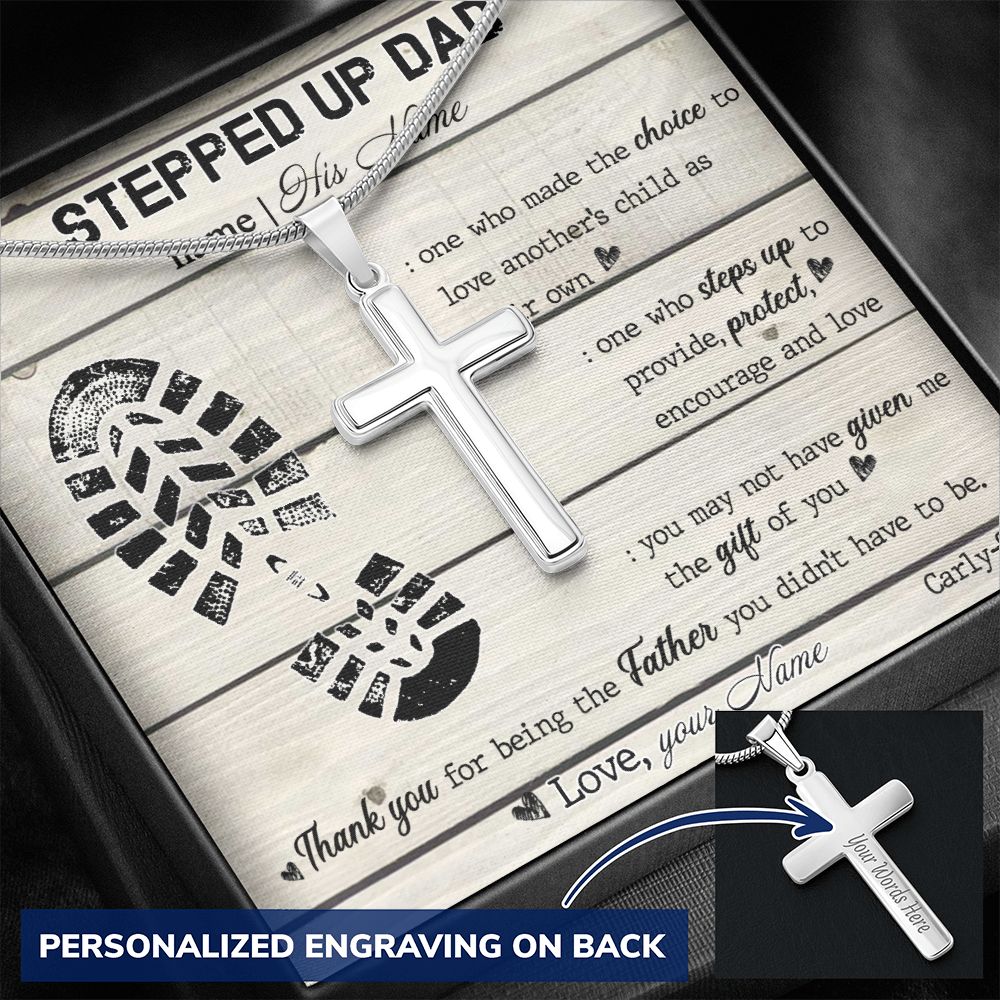 Gift to My Stepped Up Dad Necklace for Stepped Up Dad Stepfather, Thank You for Everything My Step Dad Fathers Day Cards, Father's Day Necklace, Gifts for Step Dads On Father S Day2 Personalized Cross Necklace