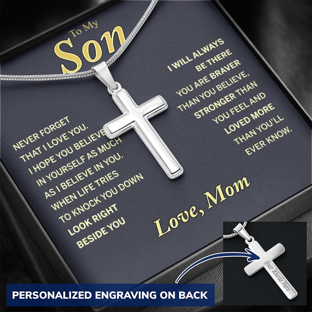 Jewelry For Mens - To My Son From Mom Necklace Son Jewelry, Fathers Day Necklace Gift For Son From Mom, Small Cross Necklace For Men Boy, 14K White Gold Stainless Steel Cross Chains, Cross P Personalized Cross Necklace