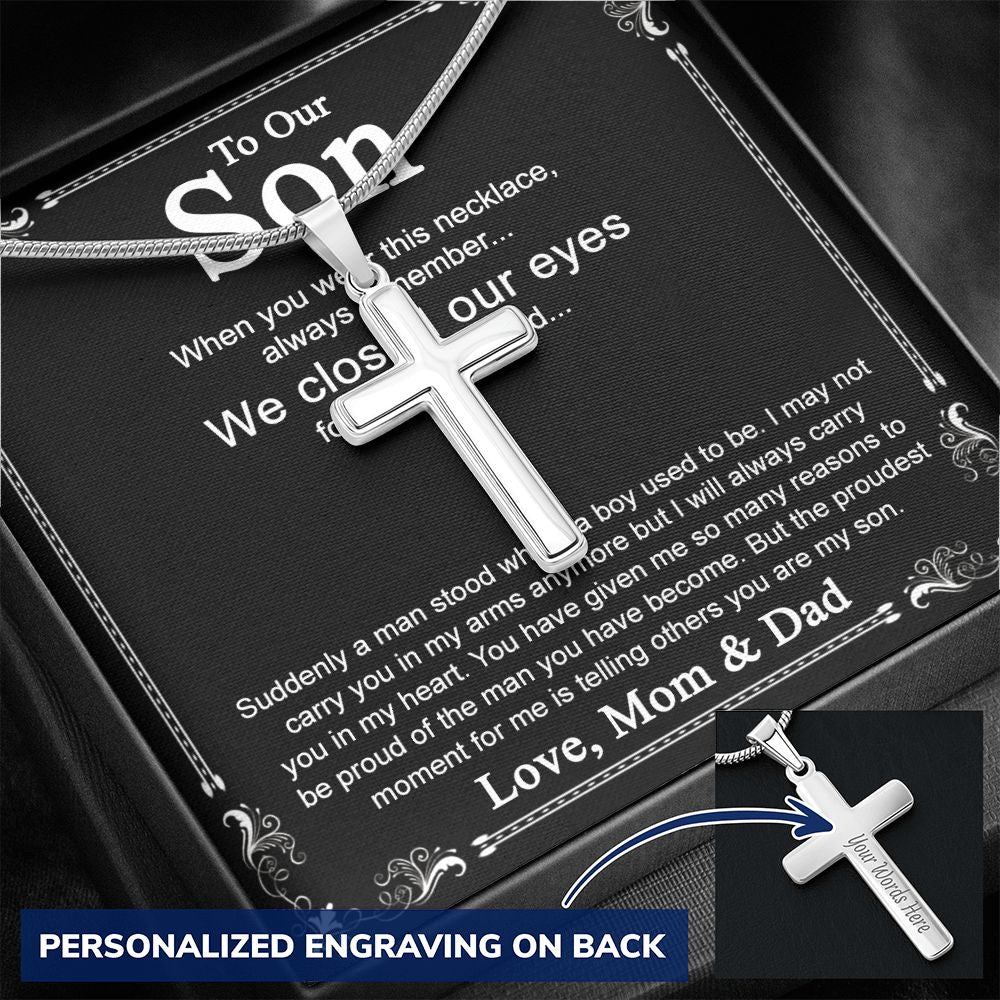 To Our Son Cross Necklace Pendant for Birthday Christmas Graduation Gift Cross Necklace from Dad Mom with Message Card and Gift Box For Son Personalized Gift Necklace for Son From Father and Mother Personalized Cross Necklace
