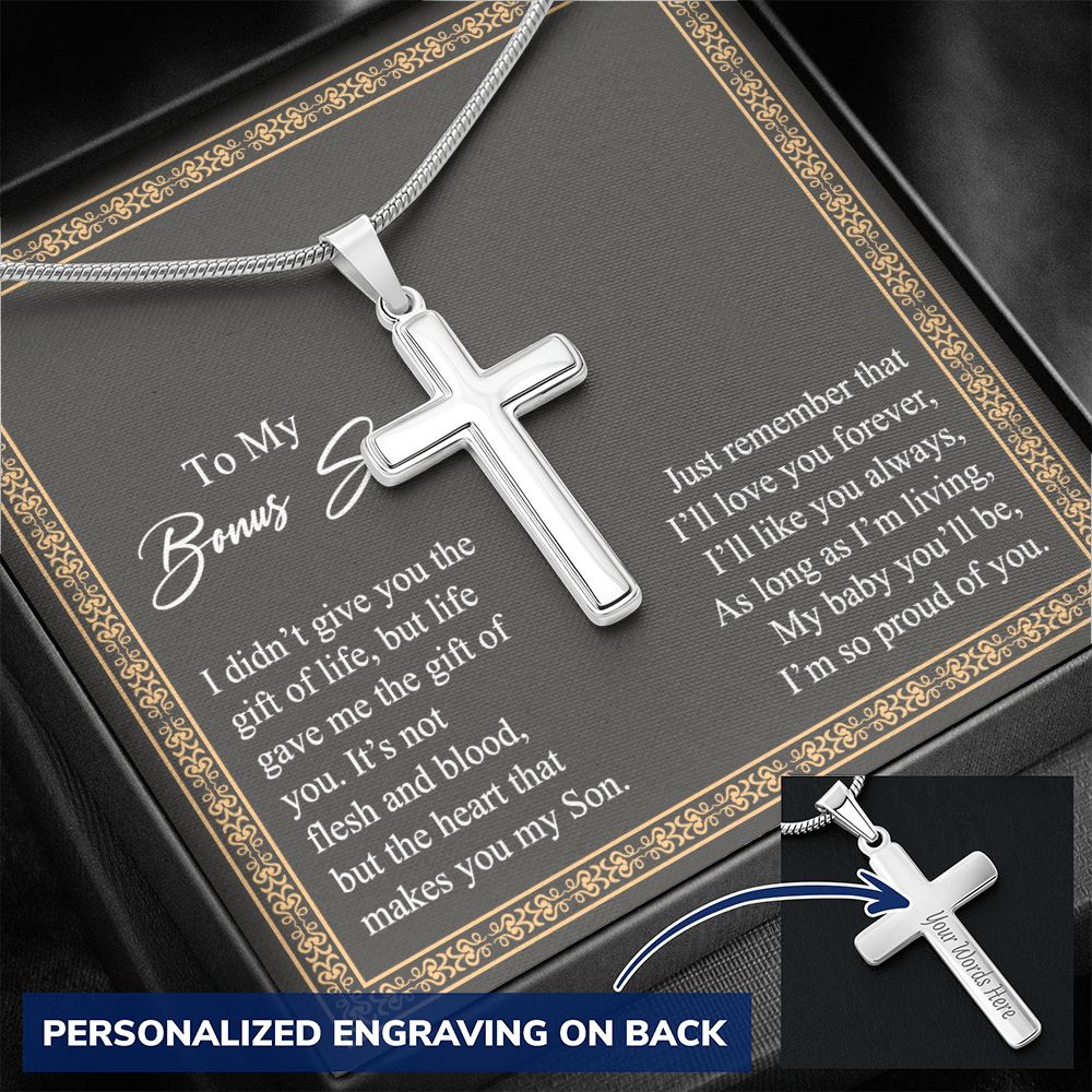 Jewelry For Mens - Bonus Son Necklace Gift, to My Bonus Son Jewelry from Mom, Lion Necklace Pendant, Step Son Gift, for Bonus Son, Adopted Son Gift Necklace, Stepchild Gifts 14K Cross Personalized Cross Necklace