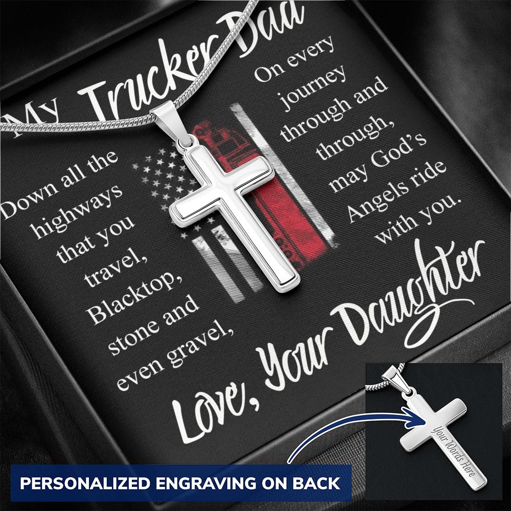 Jewelry For Mens - Jewelry Custom Card, To My Truckin Dad Cross Necklace, I Love You Dad, Truck Driver Dad Necklace Gift, Stainless Steel Cross Jewelry Gift, Christmas Thankgiving Gift Ideas Personalized Cross Necklace