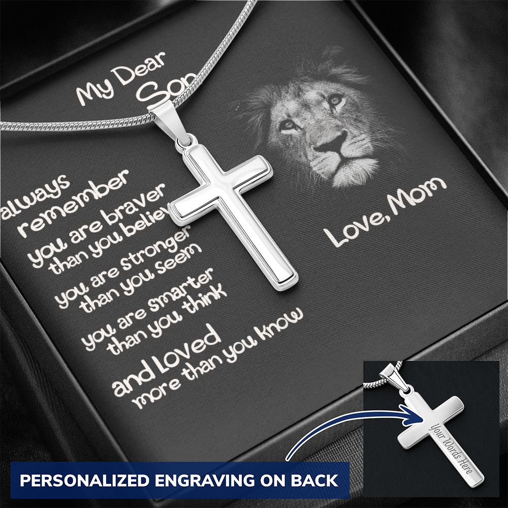 To My Son Cross Necklace Gift From Mom, Son Lion Necklace, Birthday Gifts Cross Necklace For Son, Cross Pendant Gift From Mom, Son Jewelry Gift For Mens Artisan Crafted Cross Necklace Gift To Son Personalized Cross Necklace