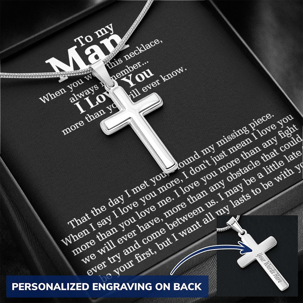 To My Man Husband Boyfriend Cuban Link Chain Necklace  Gift For Husband From Soulmate Wife Fiancee Jewelry For Men Stainless Artisan Crafted Cross Necklace with Message Card Luxury Box Personalized Cross Necklace