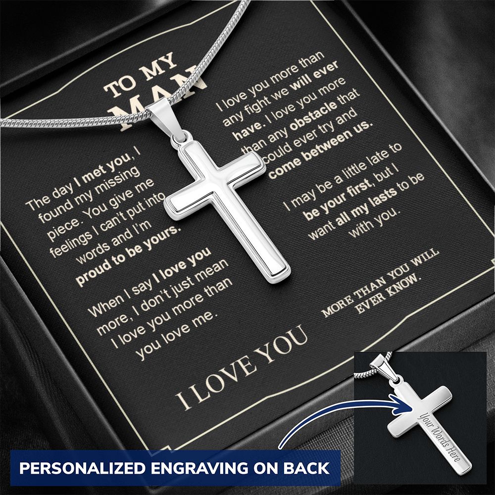 To My Man Cross Necklace Gifts For Man On Birthday Gift Communion Present Necklace From Fiancee, Soulmate Jewelry For Men, Stainless Artisan Crafted Cross Necklace Gift For Man with Message Card Personalized Cross Necklace