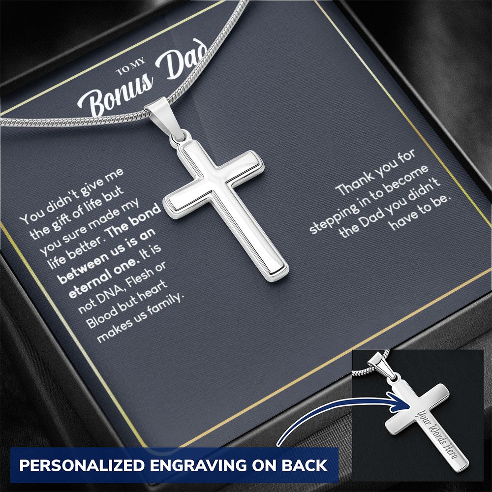 Jewelry For Mens - Personalized Message Card, Christmas Gift Dad Necklace Stepdad Necklace To My Bonus Dad Cross Necklace Fathers Day Gift For Bonus Dad From Bonus Daughter Personalized Cross Necklace