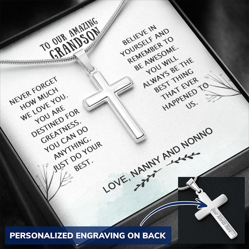 Grandson Birthday Gifts From Grandma Present For Grandson From Grandmother To My Grandson Necklace From Grandparents Cross Chain with Message Card and Gift Box3 Personalized Cross Necklace