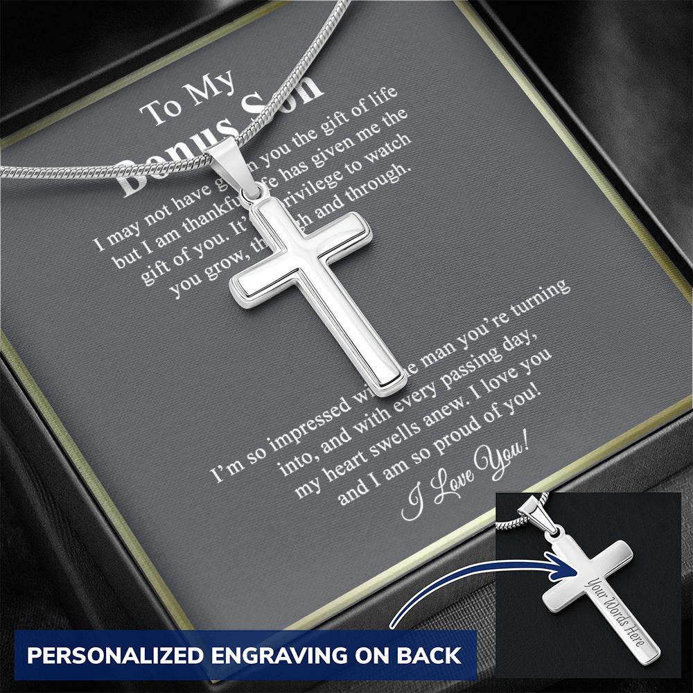 Jewelry For Mens - Bonus Son Necklace Gift, to My Bonus Son Jewelry from Mom, Lion Necklace Pendant, Step Son Gift, for Bonus Son, Adopted Son Gift Necklace, Stepchild Gifts 14K Cross1 Personalized Cross Necklace