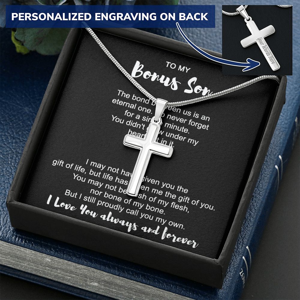 To Mu Bonus Son Cross Necklace From Mom for Bonus Son, Stepson Birthday Gift Graduation Gift, Jewelry Cross Gift For Boys, Men Stainless Artisan Crafted Cross 14k Necklace, Bonus Son Gift Necklace