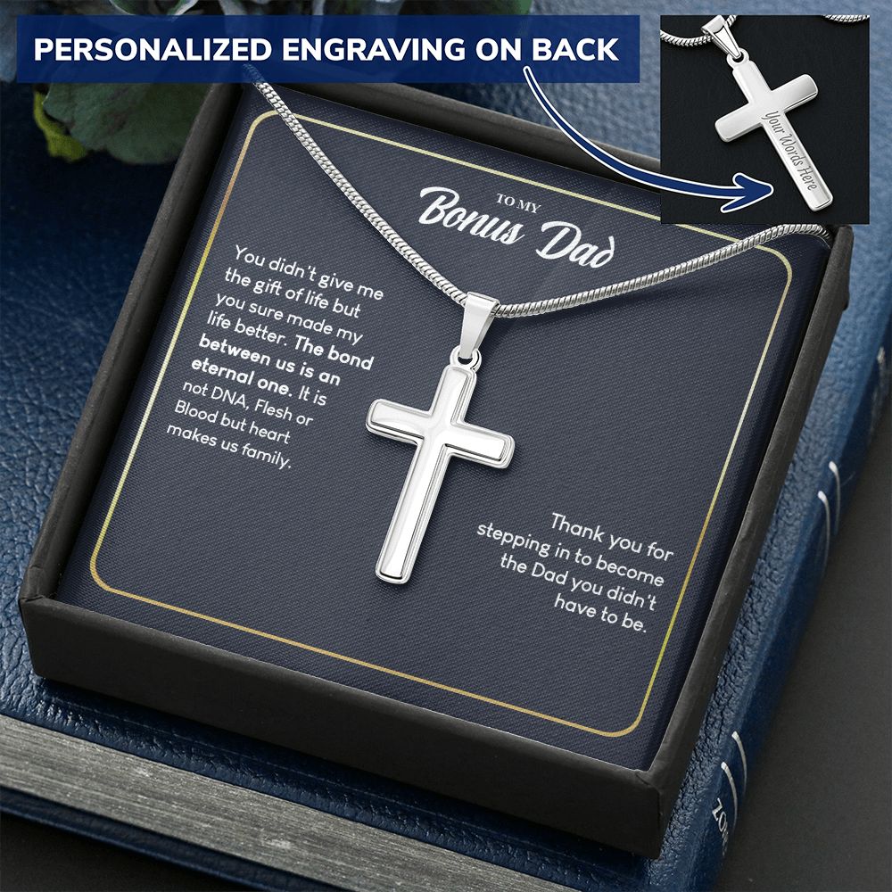 Bonus Dad Gift Necklace, Thank You For Dad Necklace, To My Bonus Dad Necklace From Daughter, Not DNA Necklace Gift For Dad From Bonus Daughter, Bonus Dad And Bonus Daughter Necklace Gift For Him Personalized Cross Necklace 2222