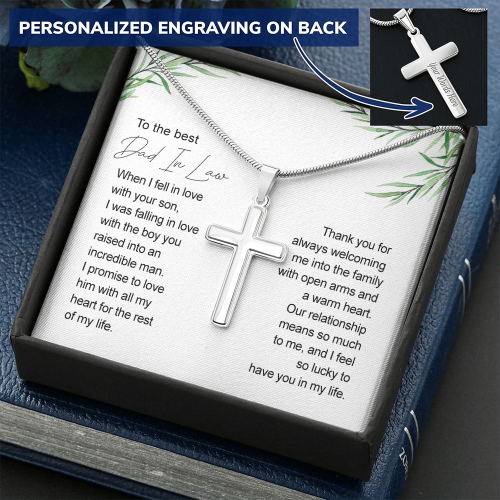 Father In Law Gift Father Of The Groom Wedding Gift For Father In Law From Bride Jewelry For Men Stainless Artisan Crafted Cross Necklace with Message Card Luxury Box Personalized Cross Necklace