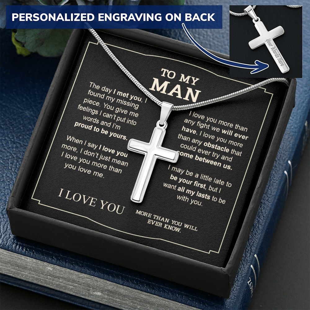 To My Man Cross Necklace Gifts For Man On Birthday Gift Communion Present Necklace From Fiancee, Soulmate Jewelry For Men, Stainless Artisan Crafted Cross Necklace Gift For Man with Message Card Personalized Cross Necklace