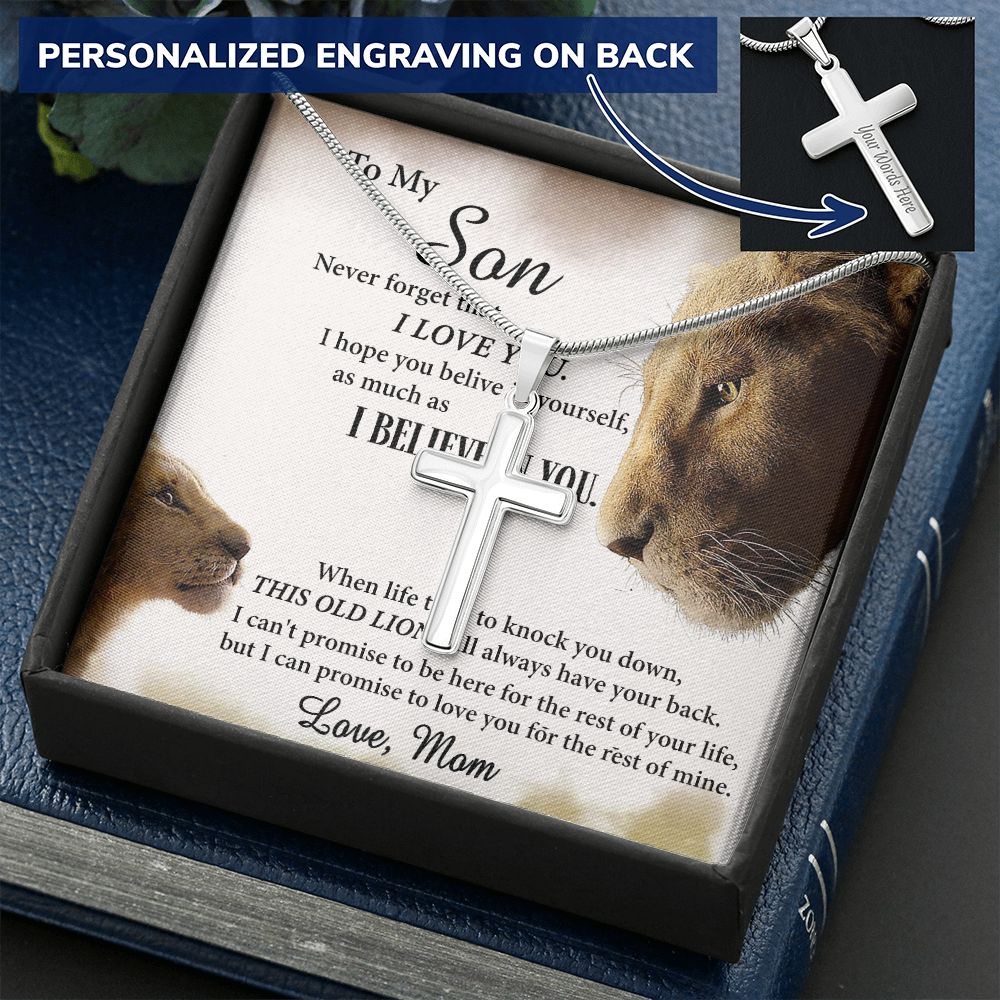 Personalized Necklace Gift For Son from Mom, To My Son Cross Necklace Gift from Mom, My Son Necklace from Mom, Lion Son Cross Pendant Necklace from Mom, Graduation Gift Necklace for Sons Birthday Personalized Cross Necklace