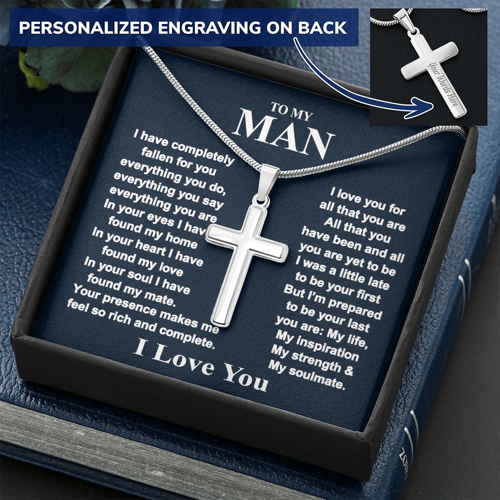 Jewelry For Mens - To My Man Personalized Engraved Cross Necklace Gift From Wife, Girlfriend, Fiancee Box With Card For Boyfriend, Anniversary Necklace, Valentine Day, Birthday Pendant Personalized Cross Necklace