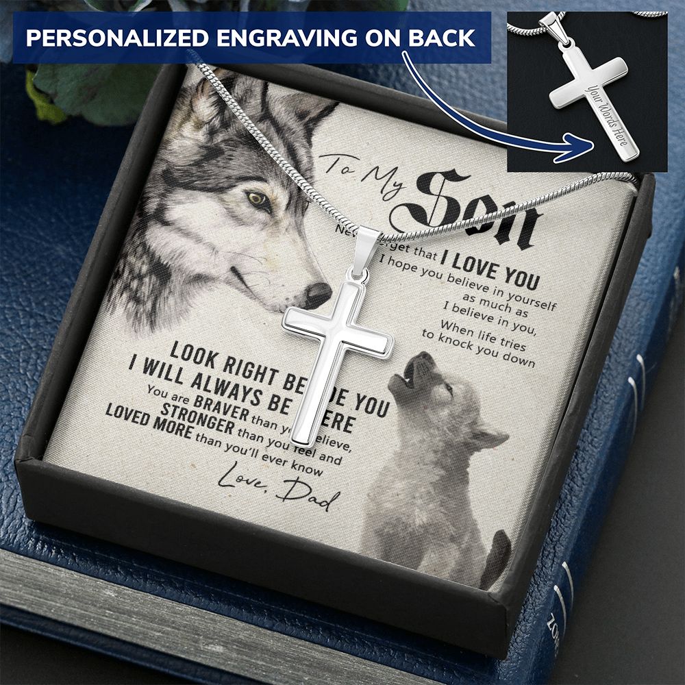 Wolf Father To Son Engraved Cross Necklace Gift For Son, To My Son Engraved Cross Necklace From Dad, Dady Meaningful Jewelry Gift For Men Artisan Engraved Cross Necklace Gift For Wolf Son Necklace Personalized Cross Necklace