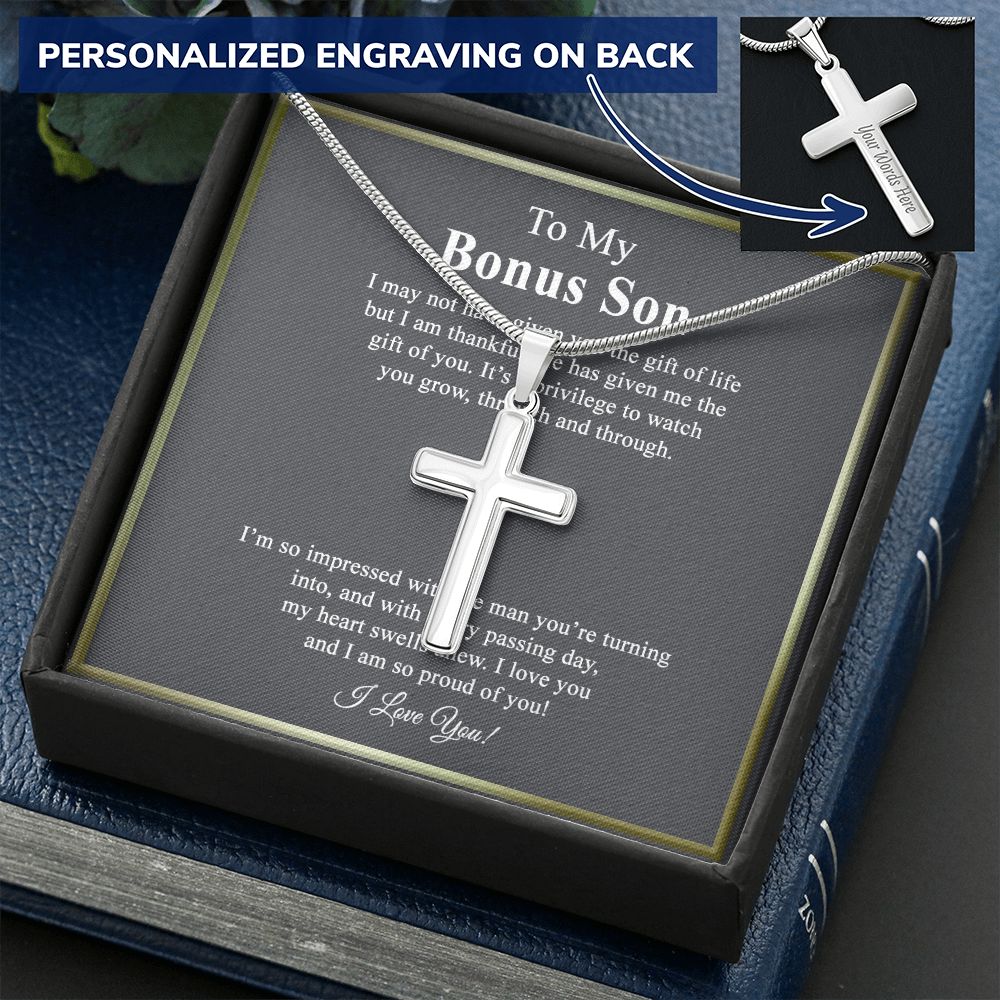 Jewelry For Mens - Bonus Son Necklace Gift, to My Bonus Son Jewelry from Mom, Lion Necklace Pendant, Step Son Gift, for Bonus Son, Adopted Son Gift Necklace, Stepchild Gifts 14K Cross1 Personalized Cross Necklace
