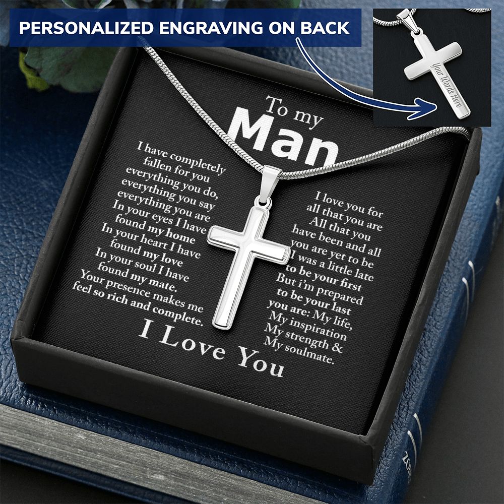 To My Man Cross Necklace Gift For Him Cross Necklace Valentines Day For Boyfriend From Fiancee Soulmate Wife Jewelry For Men Stainless Artisan Crafted Cross Necklace with Message Card Personalized Cross Necklace