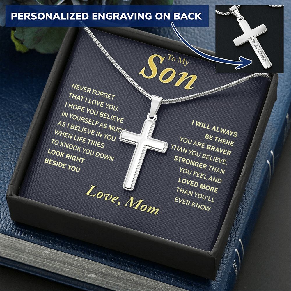 To My Son Cross Necklace From Mom, Necklace Gift For Son From Mom, Cross Necklace Gift On Birthday, Anniversary 14K White Gold Stainless Steel Cross Chains, Cross Pendant Gift For Boys, Men Necklace Personalized Cross Necklace 2222