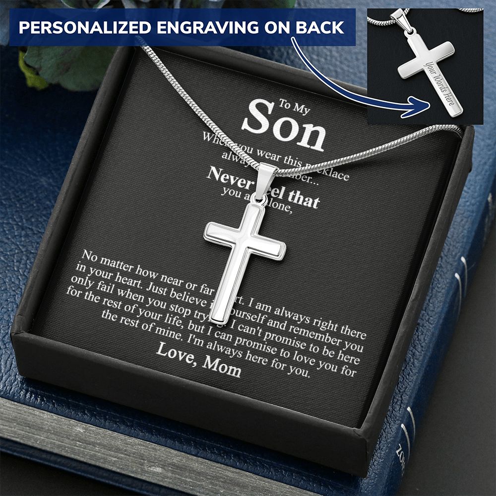 To My Son Cuban Chain Necklace from Mom Gifts for Son for Christmas Gift for Son On Birthday Anniversary Jewelry For Men Stainless Artisan Crafted Cross Necklace with Message Card Luxury Box Personalized Cross Necklace