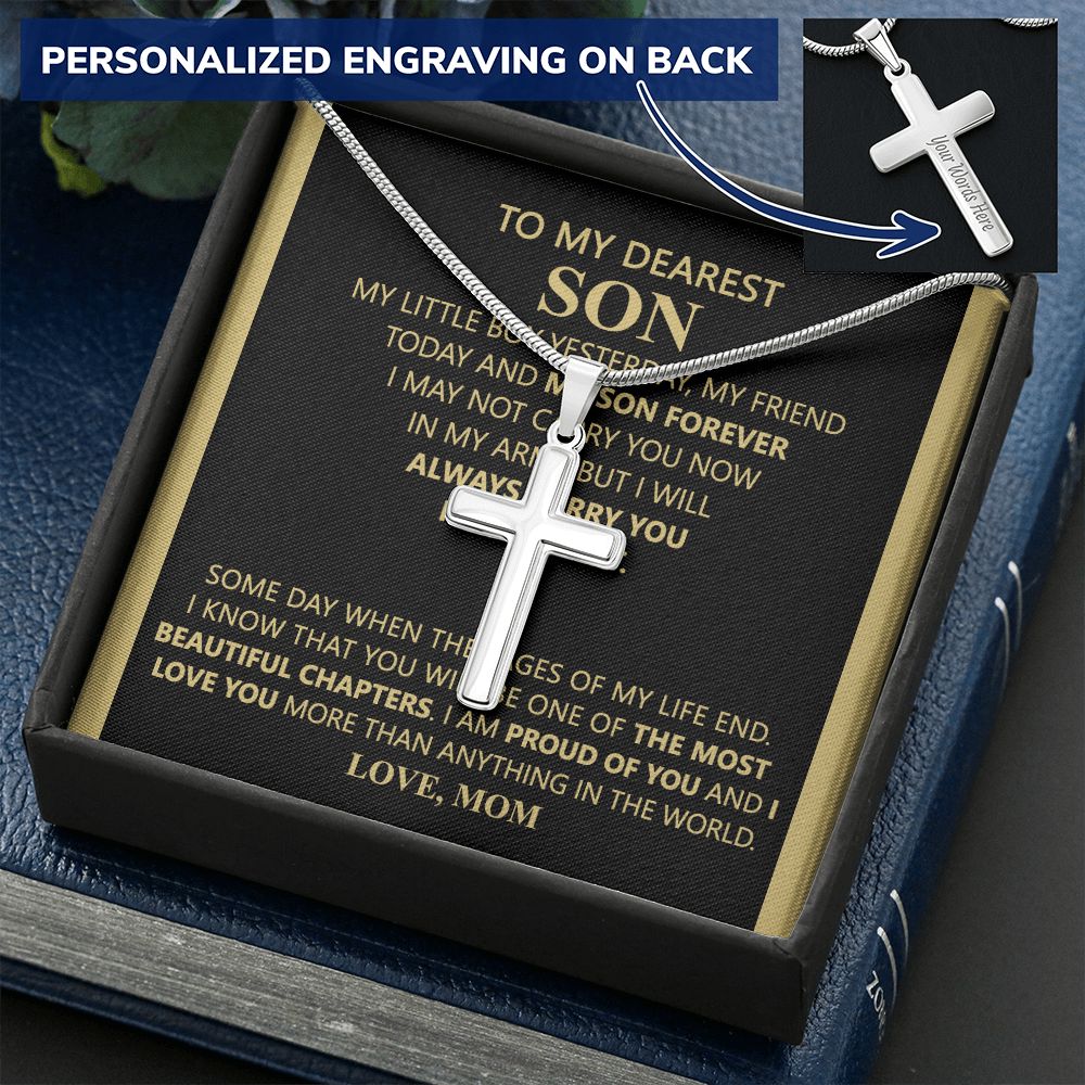 To My Son Link Chain Necklace Gift for Son Birthday, Graduation Christmas Jewelry For Men Stainless Artisan Crafted Cross Necklace with Message Card Luxury Box Personalized Cross Necklace