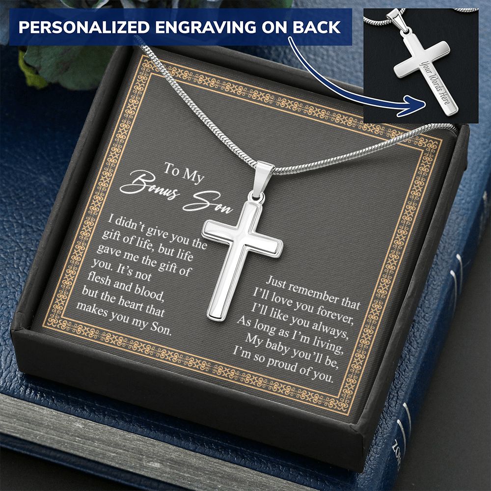 Jewelry For Mens - Bonus Son Necklace Gift, to My Bonus Son Jewelry from Mom, Lion Necklace Pendant, Step Son Gift, for Bonus Son, Adopted Son Gift Necklace, Stepchild Gifts 14K Cross Personalized Cross Necklace