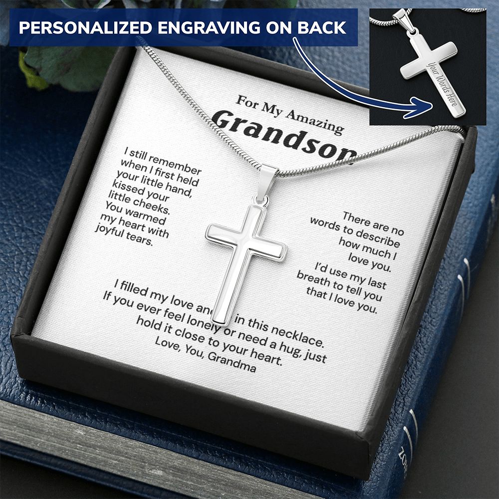 Grandson Birthday Gifts From Grandma Present For Grandson From Grandmother To My Grandson Necklace From Grandparents Cross Chain with Message Card and Gift Box5 Personalized Cross Necklace