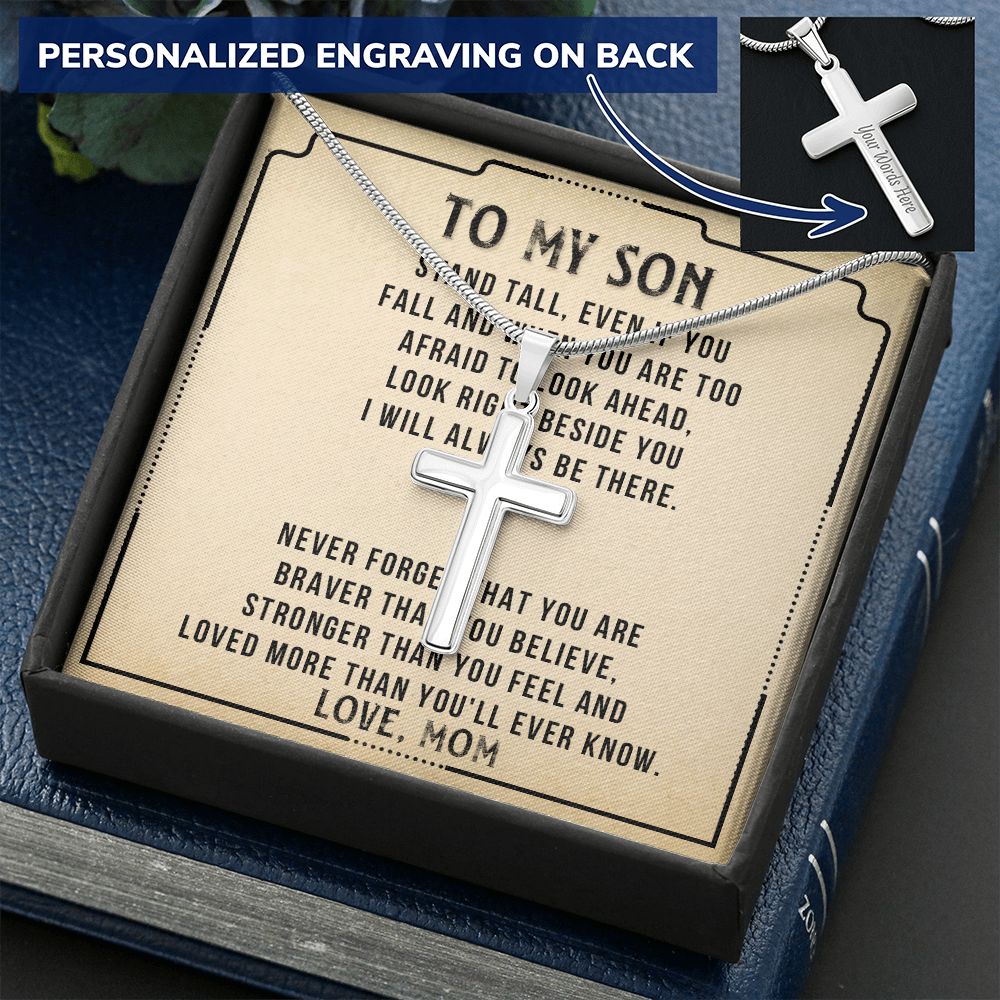 Personalized Necklace Gift For Son, To My Son Cross Necklace from Mom with Message Card and Gift Box, To My Son Cross Necklace for Birthday Graduation Gift For Son, Valentines Gifts for Son from Mom Personalized Cross Necklace