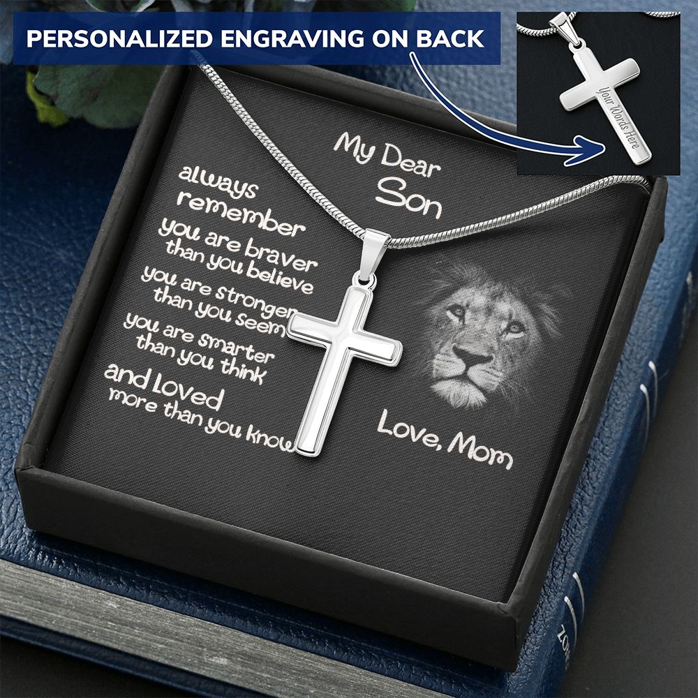 To My Son Cross Necklace Gift From Mom, Son Lion Necklace, Birthday Gifts Cross Necklace For Son, Cross Pendant Gift From Mom, Son Jewelry Gift For Mens Artisan Crafted Cross Necklace Gift To Son Personalized Cross Necklace