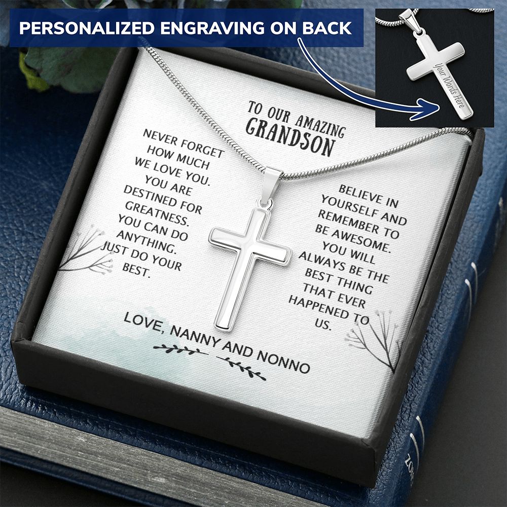 Grandson Birthday Gifts From Grandma Present For Grandson From Grandmother To My Grandson Necklace From Grandparents Cross Chain with Message Card and Gift Box3 Personalized Cross Necklace