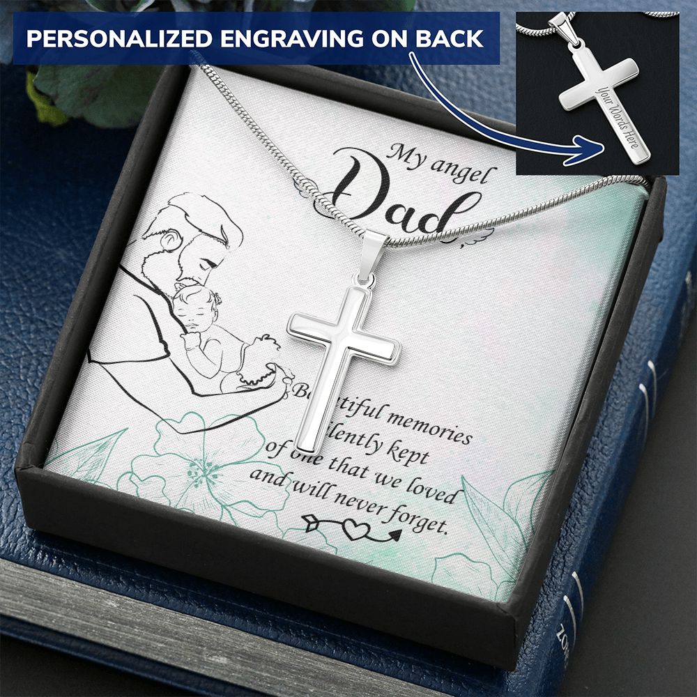 To My Angel Dad Necklace Pendant Gift From Daughter Or Son Necklace Beautiful Memories Happy Father's Day, To Dad Father In Law Gifts On Birthday Anniversary 31821 Personalized Cross Necklace